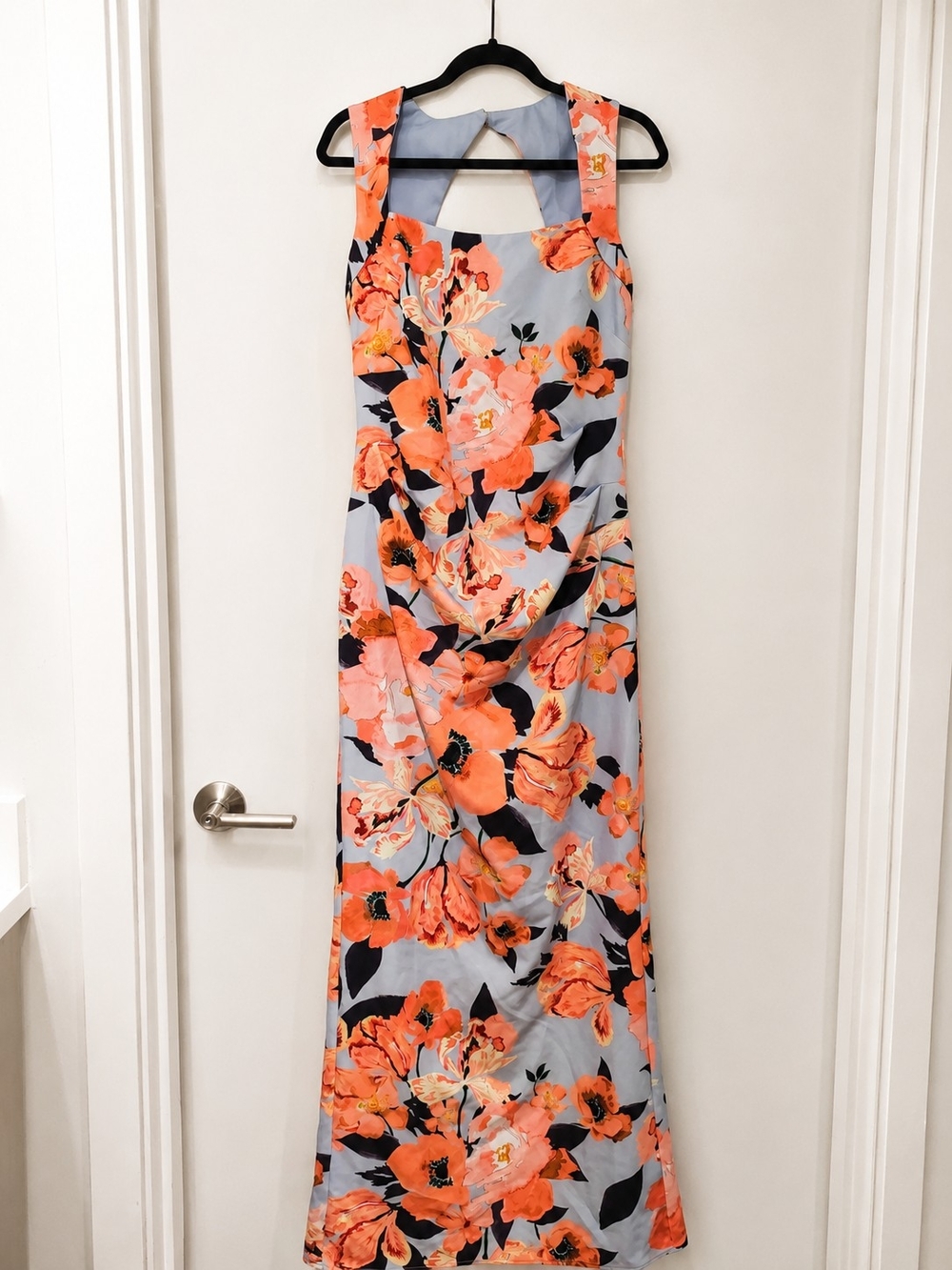 Blue Floral Sleeveless Maxi Dress with Square Neck